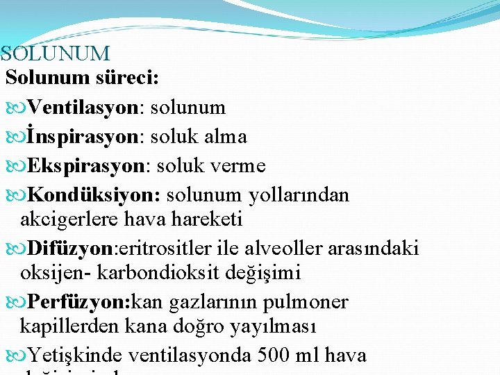 SOLUNUM Solunum süreci: Ventilasyon: solunum İnspirasyon: soluk alma Ekspirasyon: soluk verme Kondüksiyon: solunum yollarından