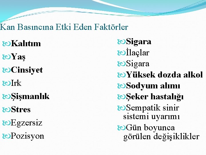 Kan Basıncına Etki Eden Faktörler Kalıtım Yaş Cinsiyet Irk Şişmanlık Stres Egzersiz Pozisyon Sigara