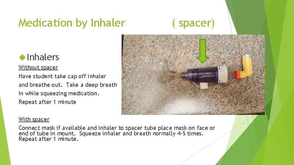 Medication by Inhaler ( spacer) Inhalers Without spacer Have student take cap off inhaler