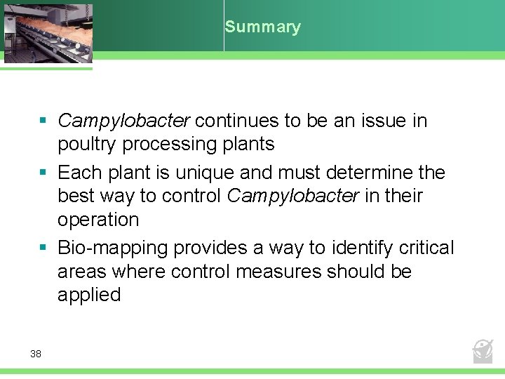 Summary § Campylobacter continues to be an issue in poultry processing plants § Each