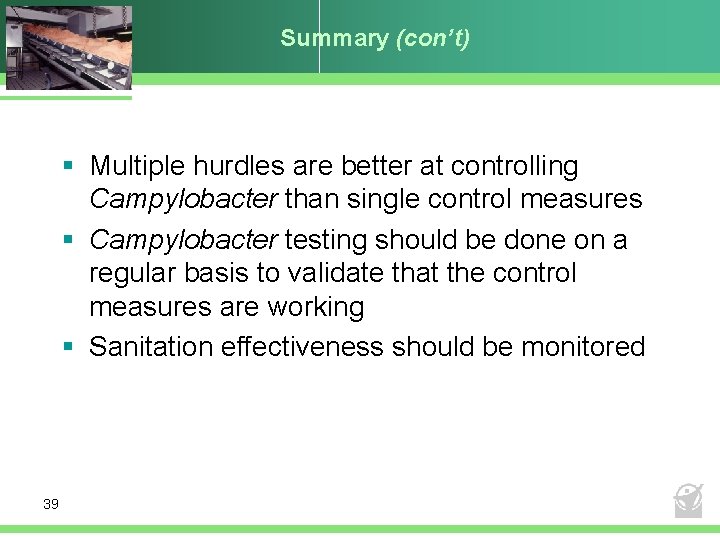 Summary (con’t) § Multiple hurdles are better at controlling Campylobacter than single control measures