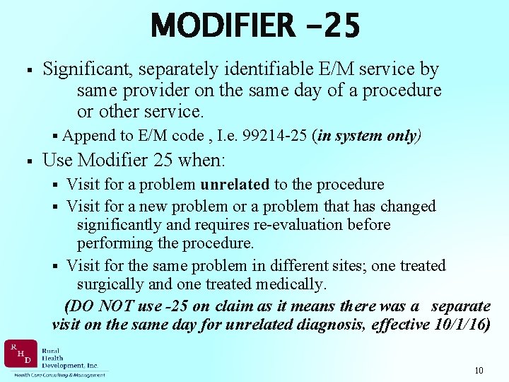 MODIFIER -25 § Significant, separately identifiable E/M service by same provider on the same