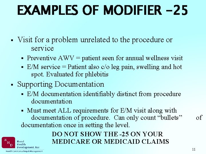 EXAMPLES OF MODIFIER -25 § Visit for a problem unrelated to the procedure or