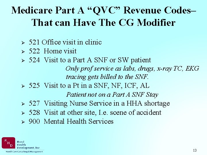Medicare Part A “QVC” Revenue Codes– That can Have The CG Modifier Ø Ø
