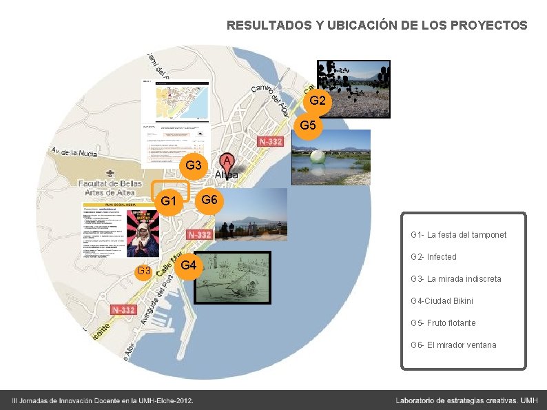 RESULTADOS Y UBICACIÓN DE LOS PROYECTOS G 2 G 5 G 3 G 6 RESULTADOS Y UBICACIÓN DE LOS PROYECTOS G 2 G 5 G 3 G 6