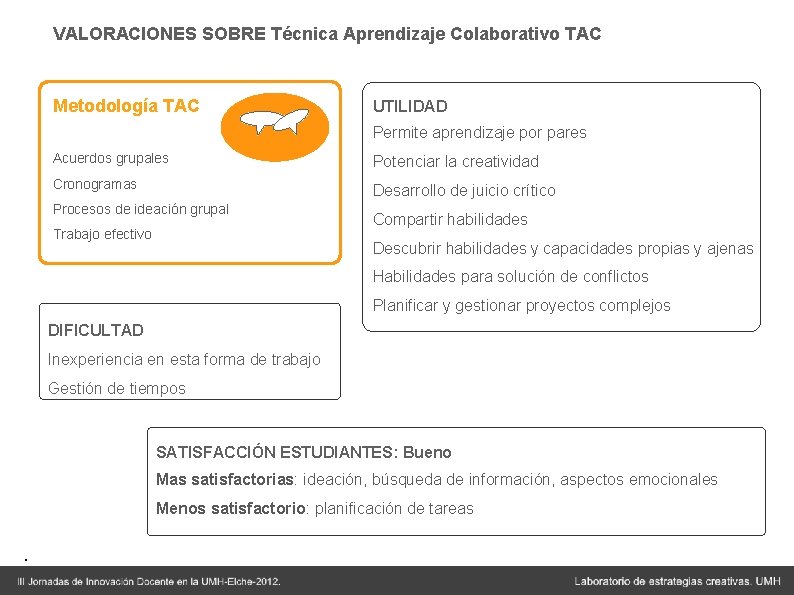 VALORACIONES SOBRE Técnica Aprendizaje Colaborativo TAC Metodología TAC UTILIDAD Permite aprendizaje por pares Acuerdos VALORACIONES SOBRE Técnica Aprendizaje Colaborativo TAC Metodología TAC UTILIDAD Permite aprendizaje por pares Acuerdos