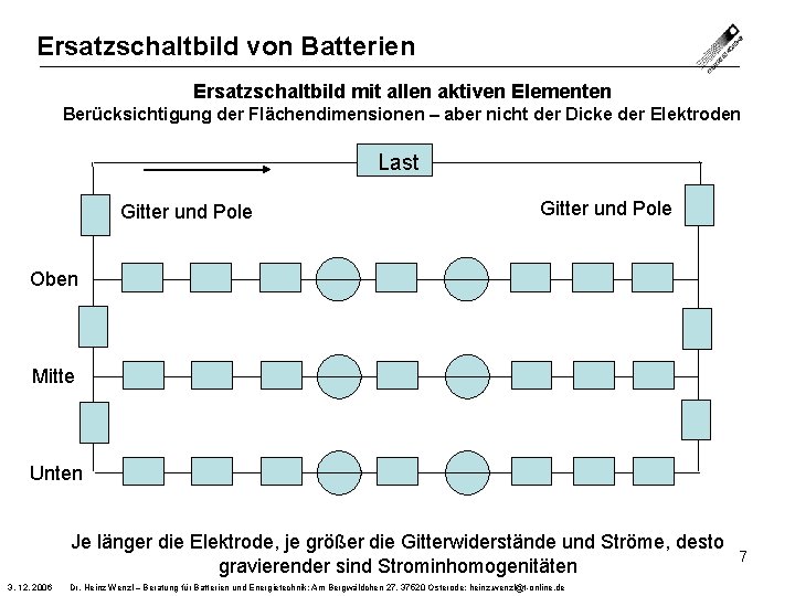 Ersatzschaltbild von Batterien Ersatzschaltbild mit allen aktiven Elementen Berücksichtigung der Flächendimensionen – aber nicht