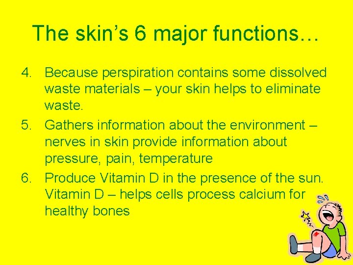 The skin’s 6 major functions… 4. Because perspiration contains some dissolved waste materials –