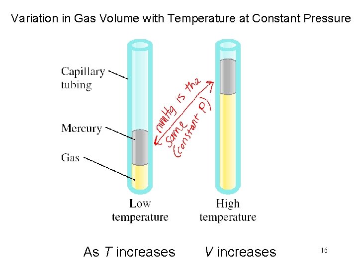 Variation in Gas Volume with Temperature at Constant Pressure As T increases V increases