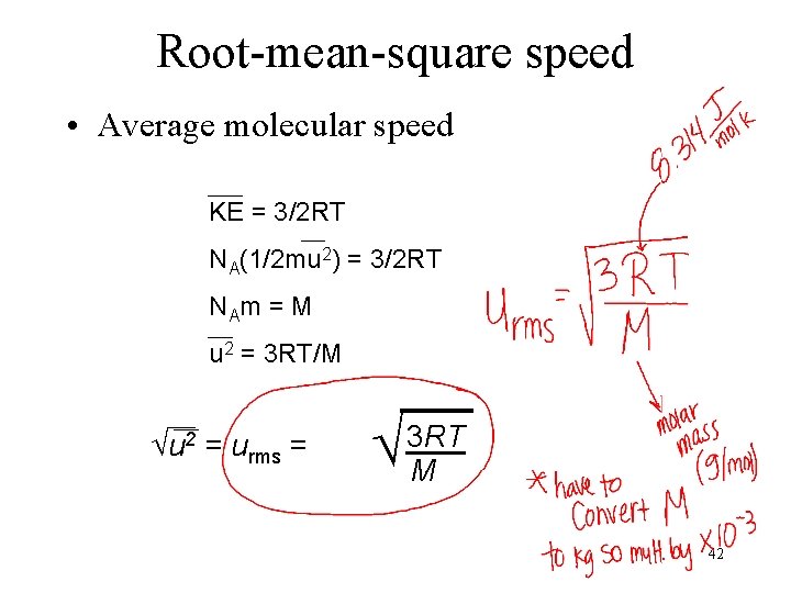 Root-mean-square speed • Average molecular speed KE = 3/2 RT NA(1/2 mu 2) =
