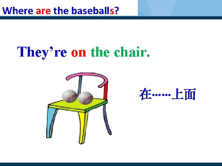 Where are the baseballs? They’re on the chair. 在……上面 