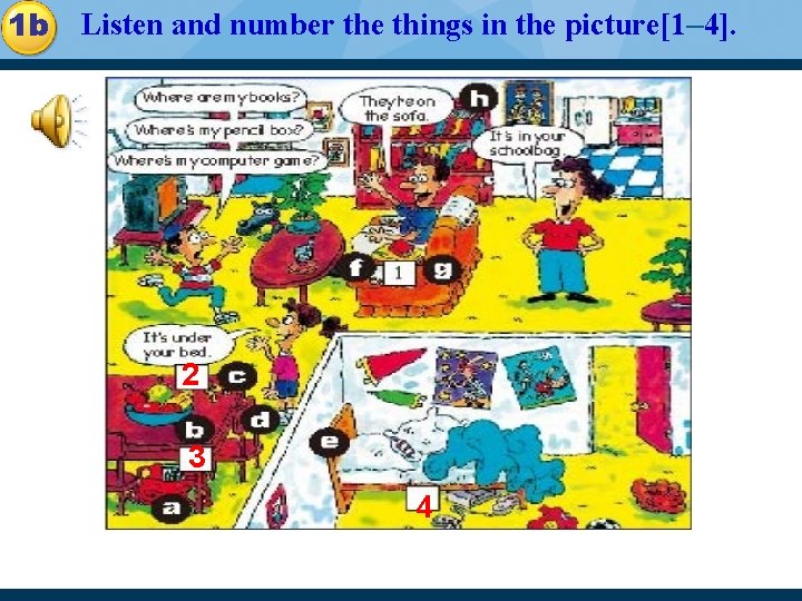 1 b Listen and number the things in the picture[1– 4]. 2 3 4