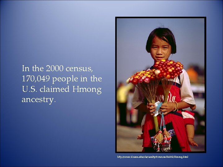 In the 2000 census, 170, 049 people in the U. S. claimed Hmong ancestry.