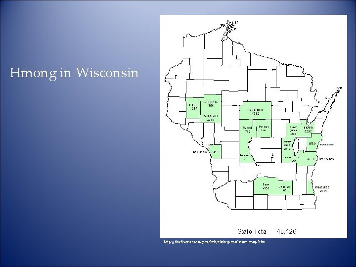 Hmong in Wisconsin http: //dwd. wisconsin. gov/hrtf/static/population_map. htm 