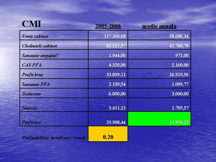 CMI Venit cabinet 2005 -2006 medie anuala 117. 360, 68 58. 680, 34 Cheltuieli