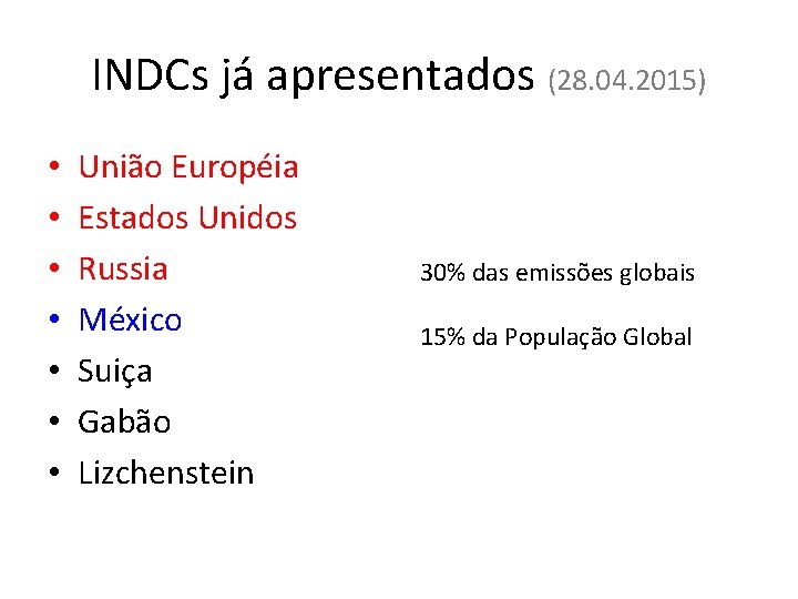 INDCs já apresentados (28. 04. 2015) • • União Européia Estados Unidos Russia México