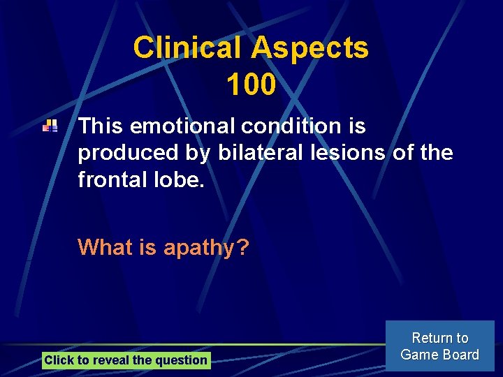 Clinical Aspects 100 This emotional condition is produced by bilateral lesions of the frontal