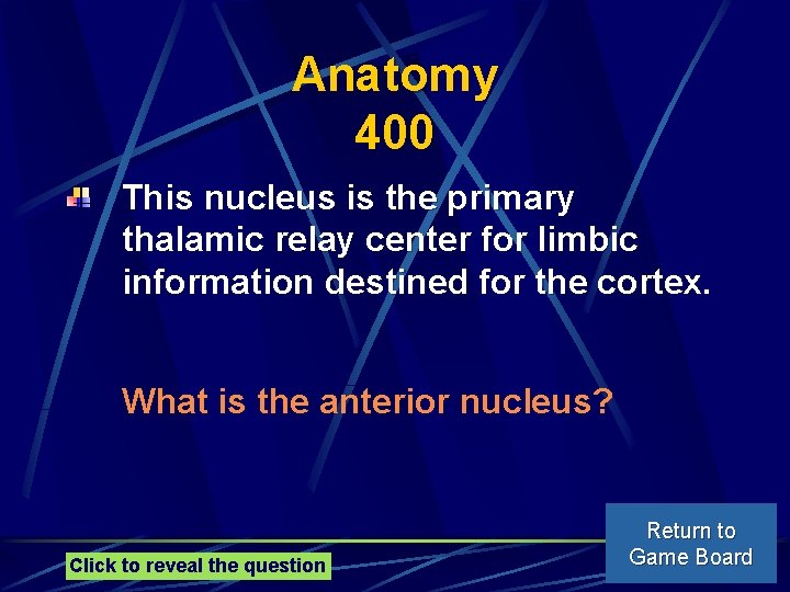 Anatomy 400 This nucleus is the primary thalamic relay center for limbic information destined