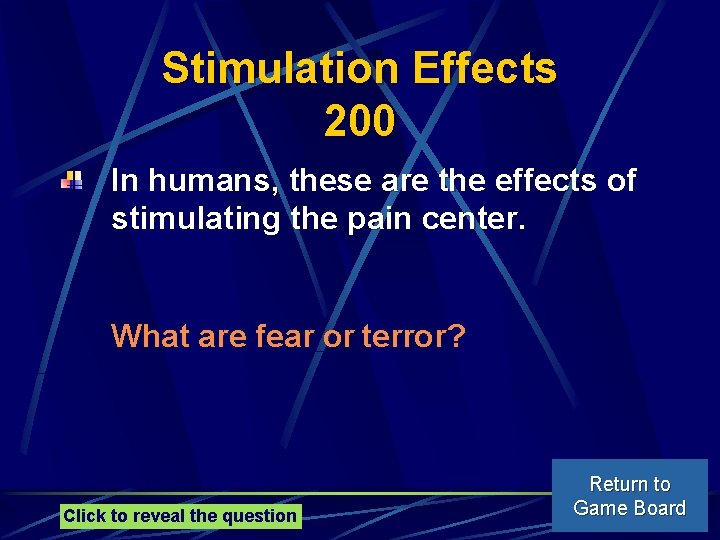 Stimulation Effects 200 In humans, these are the effects of stimulating the pain center.