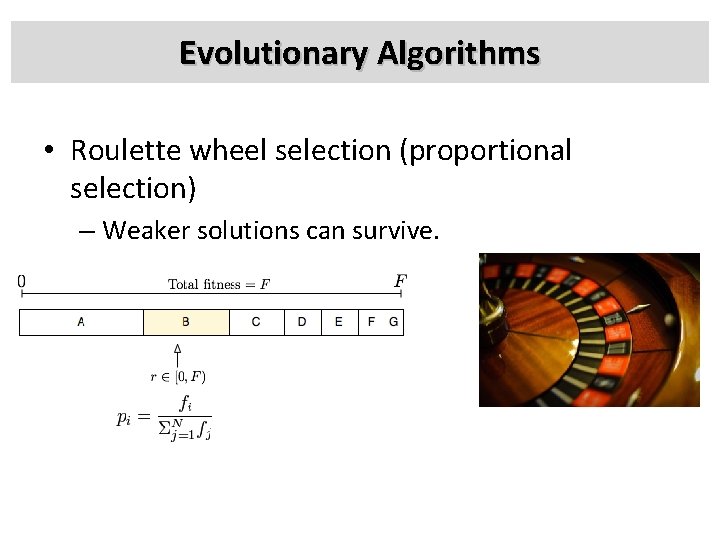 Evolutionary Algorithms • Roulette wheel selection (proportional selection) – Weaker solutions can survive. 