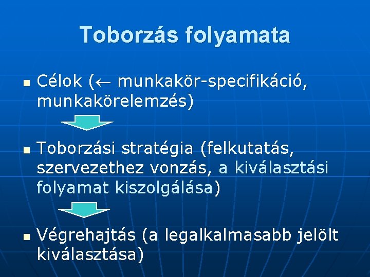 Toborzás folyamata n n n Célok ( munkakör-specifikáció, munkakörelemzés) Toborzási stratégia (felkutatás, szervezethez vonzás,