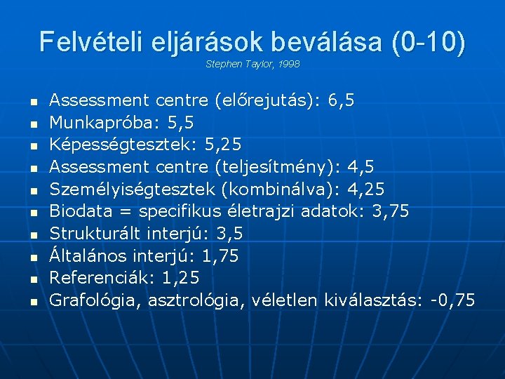 Felvételi eljárások beválása (0 -10) Stephen Taylor, 1998 n n n n n Assessment