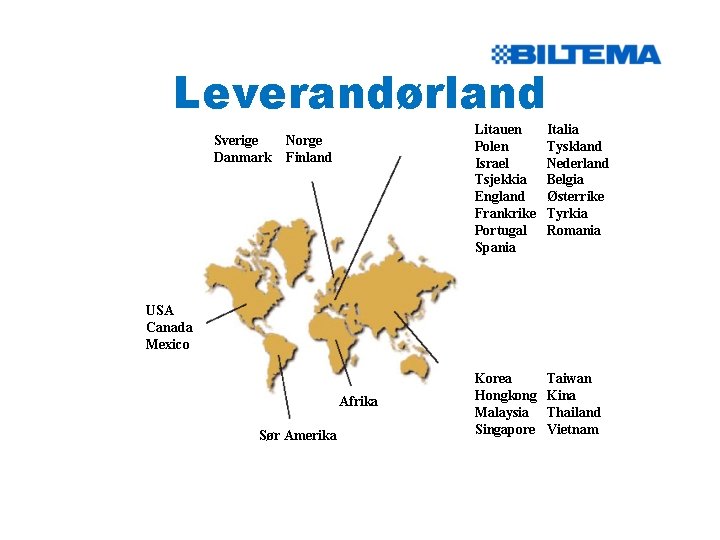 Leverandørland Sverige Danmark Norge Finland Litauen Polen Israel Tsjekkia England Frankrike Portugal Spania Italia