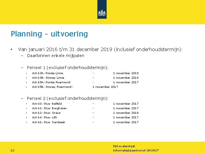 Planning - uitvoering • Van januari 2016 t/m 31 december 2019 (inclusief onderhoudstermijn) – Planning - uitvoering • Van januari 2016 t/m 31 december 2019 (inclusief onderhoudstermijn) –