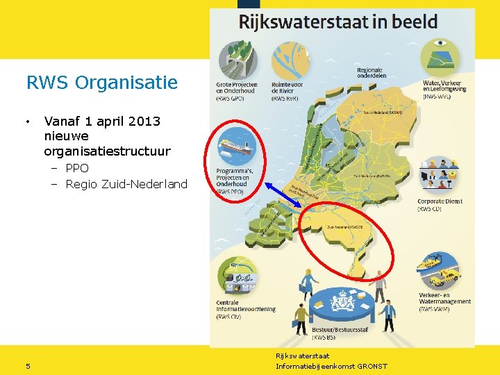 RWS Organisatie • Vanaf 1 april 2013 nieuwe organisatiestructuur – PPO – Regio Zuid-Nederland RWS Organisatie • Vanaf 1 april 2013 nieuwe organisatiestructuur – PPO – Regio Zuid-Nederland