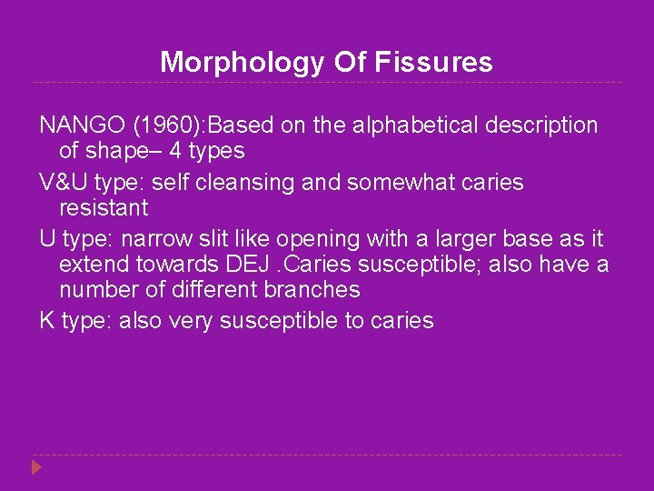 Morphology Of Fissures NANGO (1960): Based on the alphabetical description of shape– 4 types