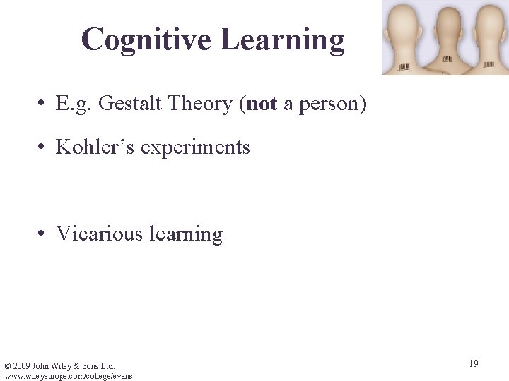 Cognitive Learning • E. g. Gestalt Theory (not a person) • Kohler’s experiments • Cognitive Learning • E. g. Gestalt Theory (not a person) • Kohler’s experiments •