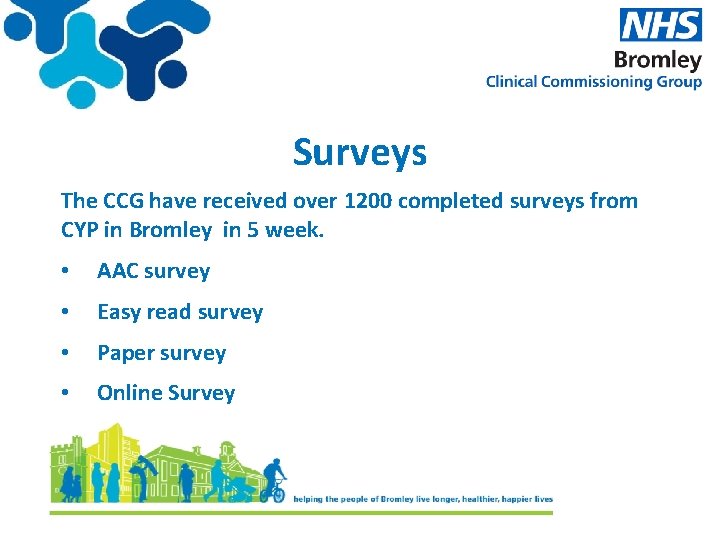 Surveys The CCG have received over 1200 completed surveys from CYP in Bromley in