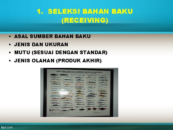 1. SELEKSI BAHAN BAKU (RECEIVING) • ASAL SUMBER BAHAN BAKU • JENIS DAN UKURAN