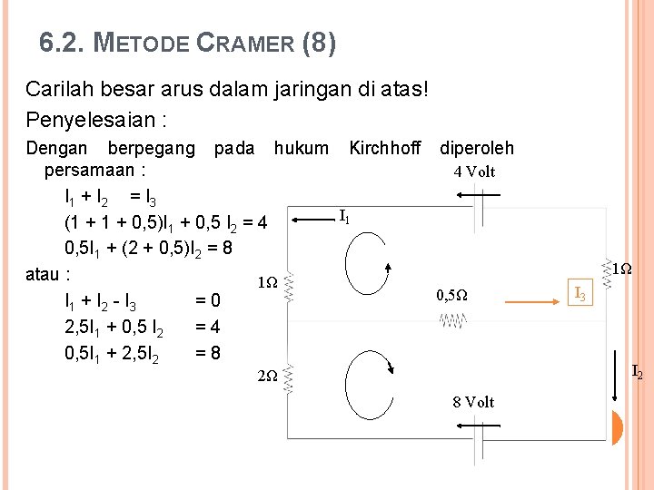 6. 2. METODE CRAMER (8) Carilah besar arus dalam jaringan di atas! Penyelesaian :
