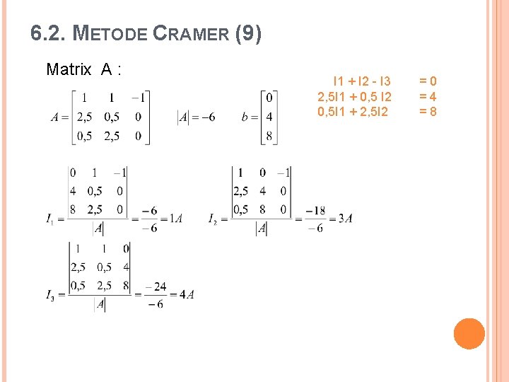 6. 2. METODE CRAMER (9) Matrix A : I 1 + I 2 -