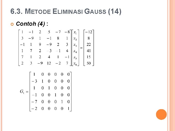 6. 3. METODE ELIMINASI GAUSS (14) Contoh (4) : 