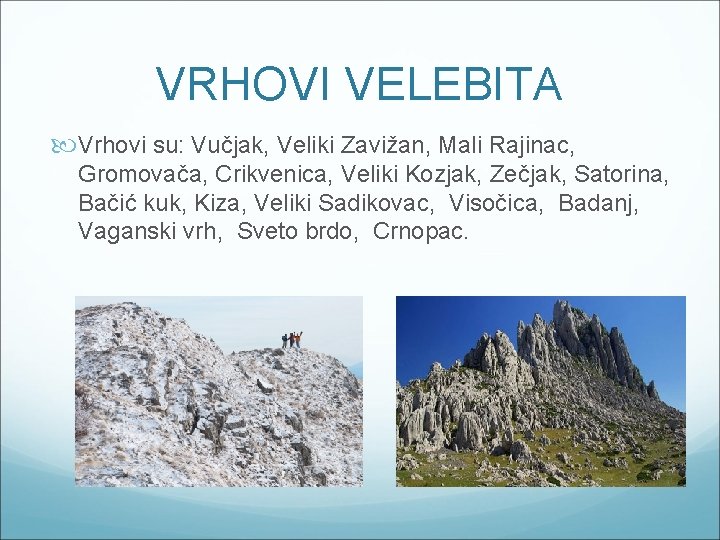 VRHOVI VELEBITA Vrhovi su: Vučjak, Veliki Zavižan, Mali Rajinac, Gromovača, Crikvenica, Veliki Kozjak, Zečjak,