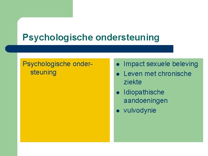 Psychologische ondersteuning l l Impact sexuele beleving Leven met chronische ziekte Idiopathische aandoeningen vulvodynie