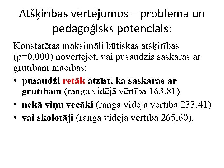 Atšķirības vērtējumos – problēma un pedagoģisks potenciāls: Konstatētas maksimāli būtiskas atšķirības (p=0, 000) novērtējot,