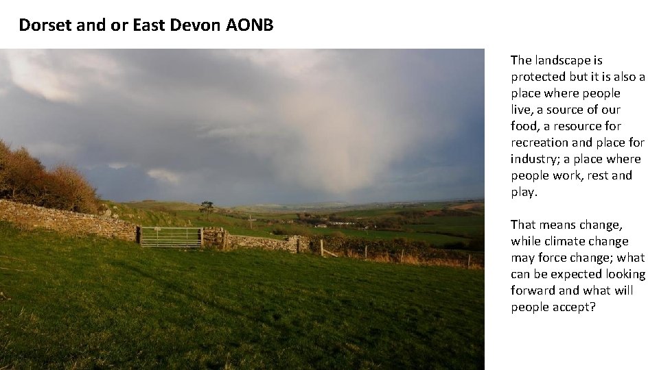 Dorset and or East Devon AONB The landscape is protected but it is also