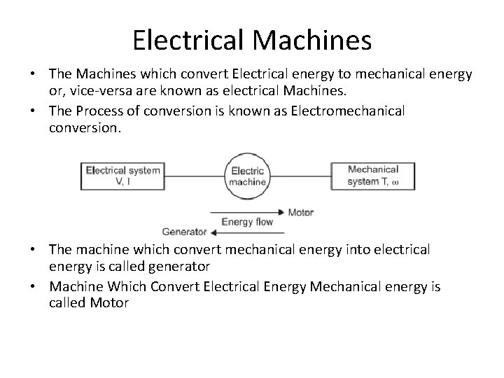 Electrical Machines • The Machines which convert Electrical energy to mechanical energy or, vice-versa