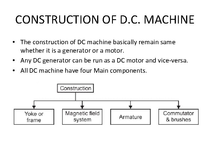 CONSTRUCTION OF D. C. MACHINE • The construction of DC machine basically remain same
