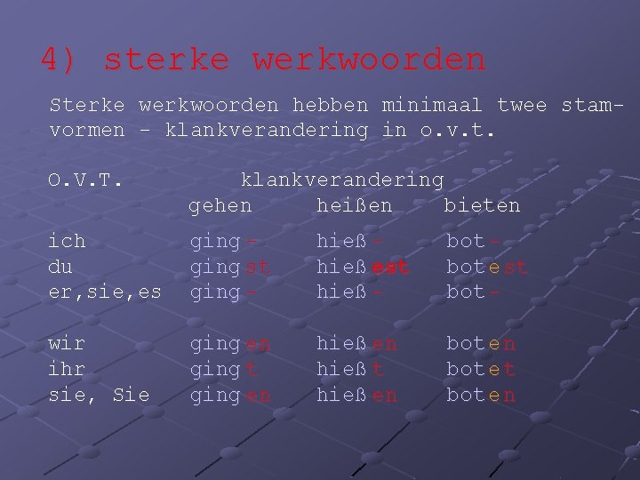 4) sterke werkwoorden Sterke werkwoorden hebben minimaal twee stamvormen - klankverandering in o. v.