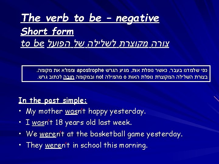 The verb to be – negative Short form to be צורה מקוצרת לשלילה של