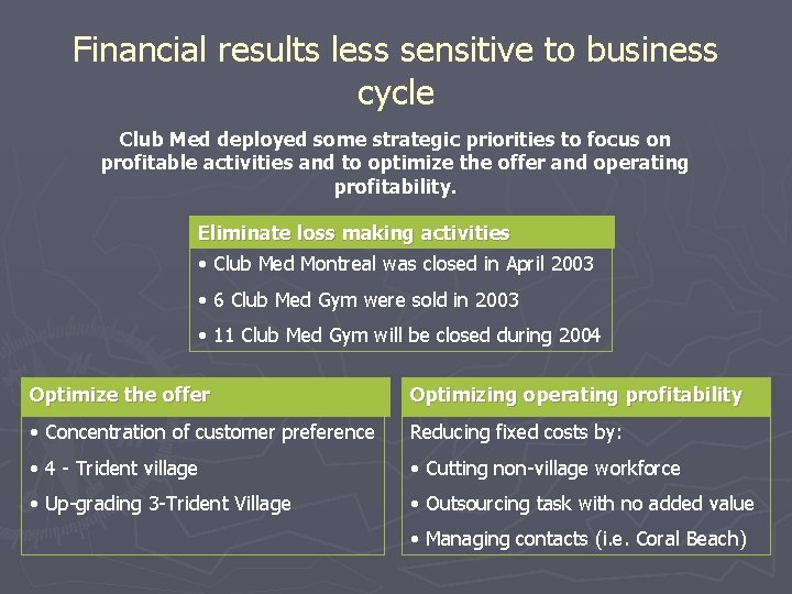 Financial results less sensitive to business cycle Club Med deployed some strategic priorities to