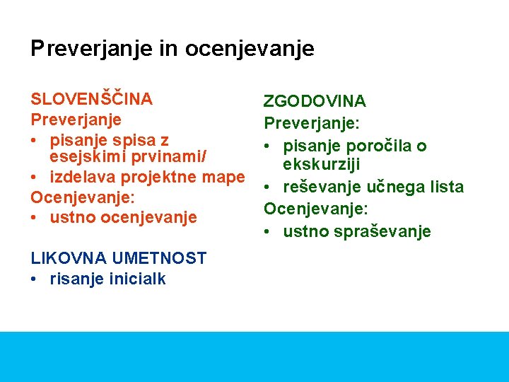 Preverjanje in ocenjevanje SLOVENŠČINA Preverjanje • pisanje spisa z esejskimi prvinami/ • izdelava projektne