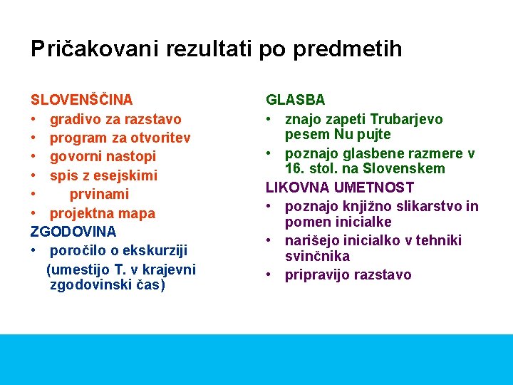 Pričakovani rezultati po predmetih SLOVENŠČINA • gradivo za razstavo • program za otvoritev •