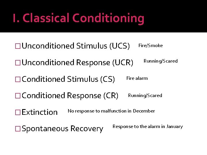 I. Classical Conditioning �Unconditioned Stimulus (UCS) �Unconditioned Response (UCR) �Conditioned Stimulus (CS) �Conditioned Response