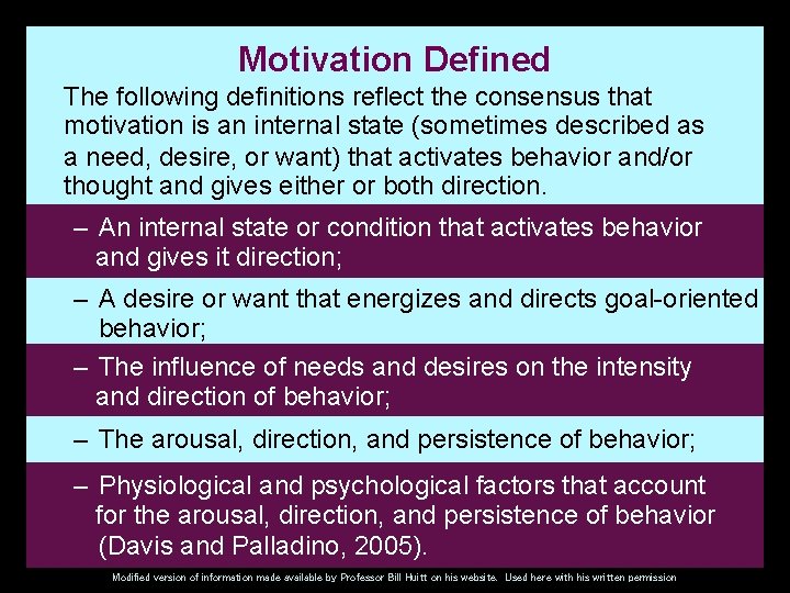 Motivation Defined The following definitions reflect the consensus that motivation is an internal state