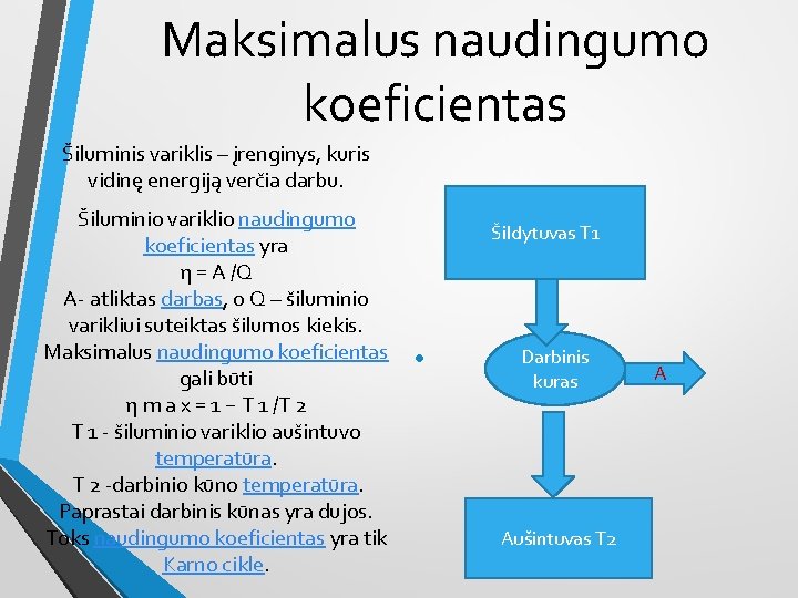 Maksimalus naudingumo koeficientas Šiluminis variklis – įrenginys, kuris vidinę energiją verčia darbu. Šiluminio variklio